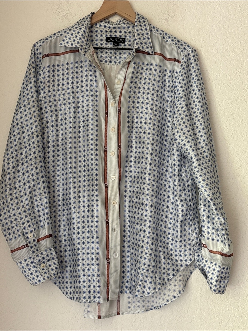 J. Crew Blue Printed Button-Down Shirt with Brown Trim
